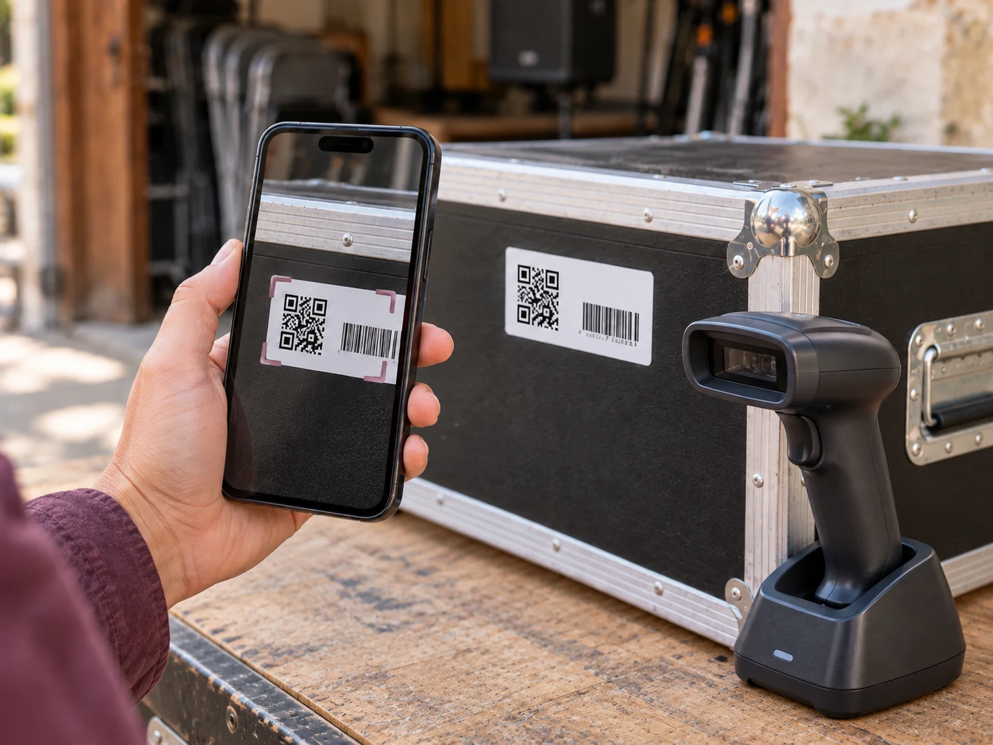 Un téléphone avec son écran de scan et une douchette sur son socle, devant une caisse de matériel étiquetée avec un code-barres et un QR code.