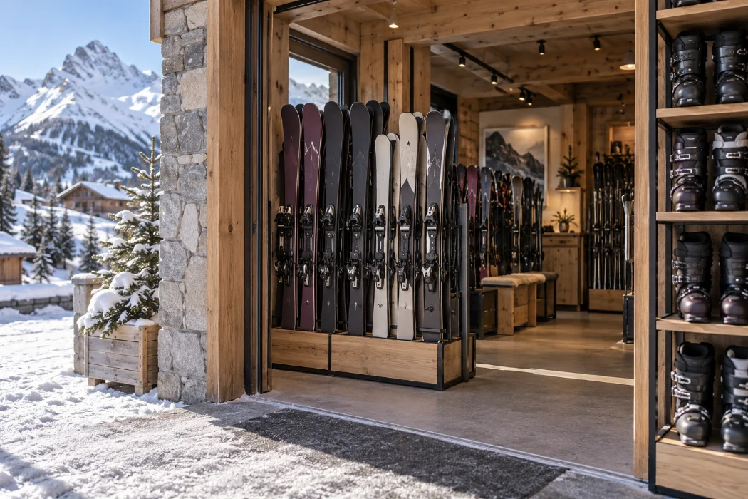 Skis de location et chaussures rangés dans un magasin en station