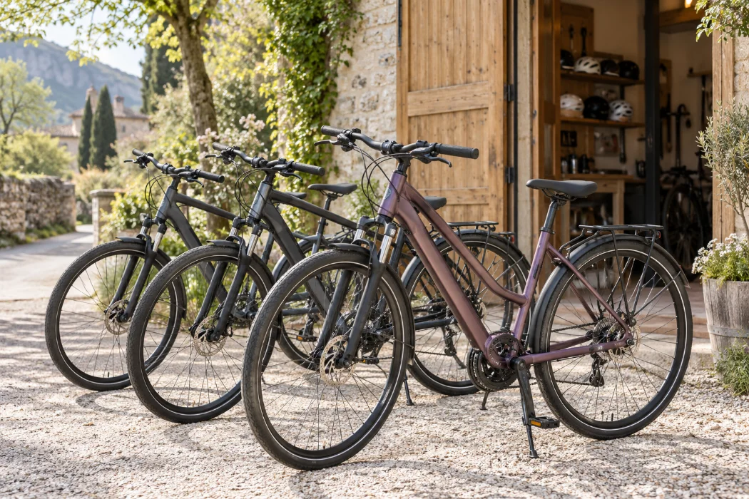 Vélos prêts à louer devant un atelier